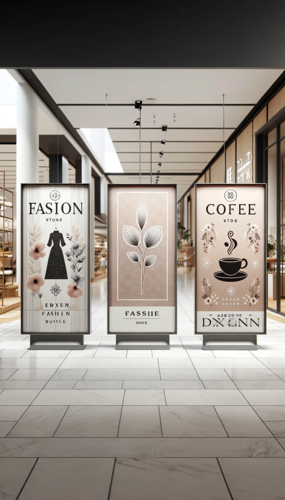 DALL·E 2023 12 29 20.16.30 Three beautifully designed minimalist store signs in a modern shopping mall displayed in a vertical format suitable for a 9 16 aspect ratio. The fir